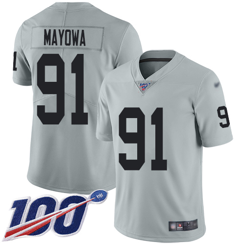 Men Oakland Raiders Limited Silver Benson Mayowa Jersey NFL Football #91 100th Season Inverted Jersey->oakland raiders->NFL Jersey